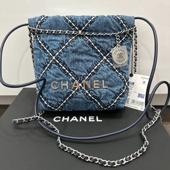Chanel 22 MINI HANDBAG Quilted BLUE DENIM CROSSBODY HOBO BAG SHW - Picture 2 of 16